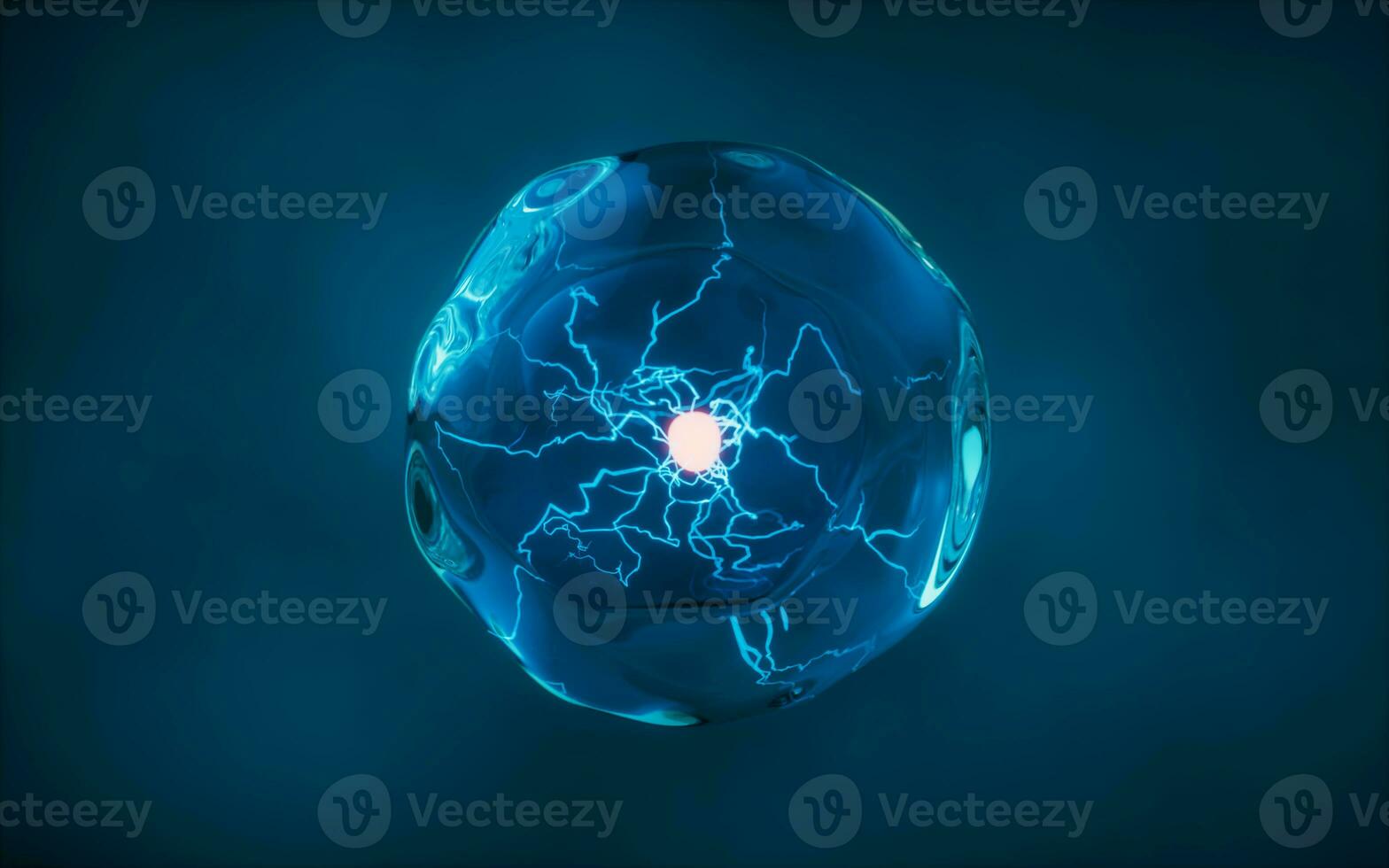 Transparent cell with glowing nucleus inside, 3d rendering. photo