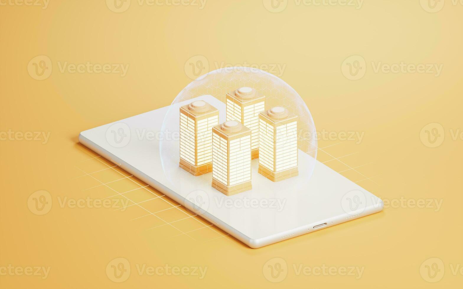 3D model city buildings on mobile phone, 3d rendering. photo