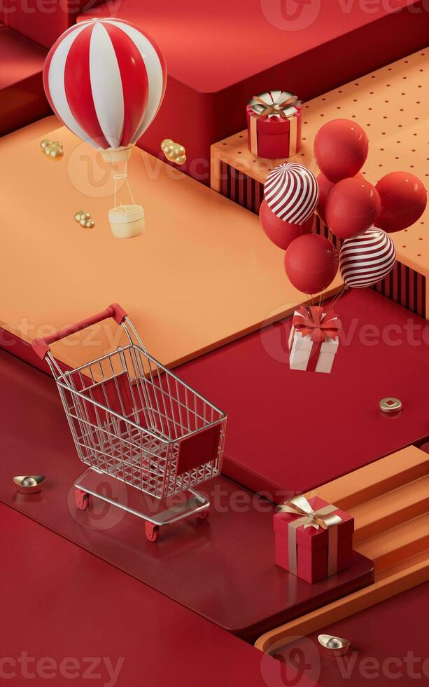 compras día actividad con cubo plataforma fondo, 3d representación. foto