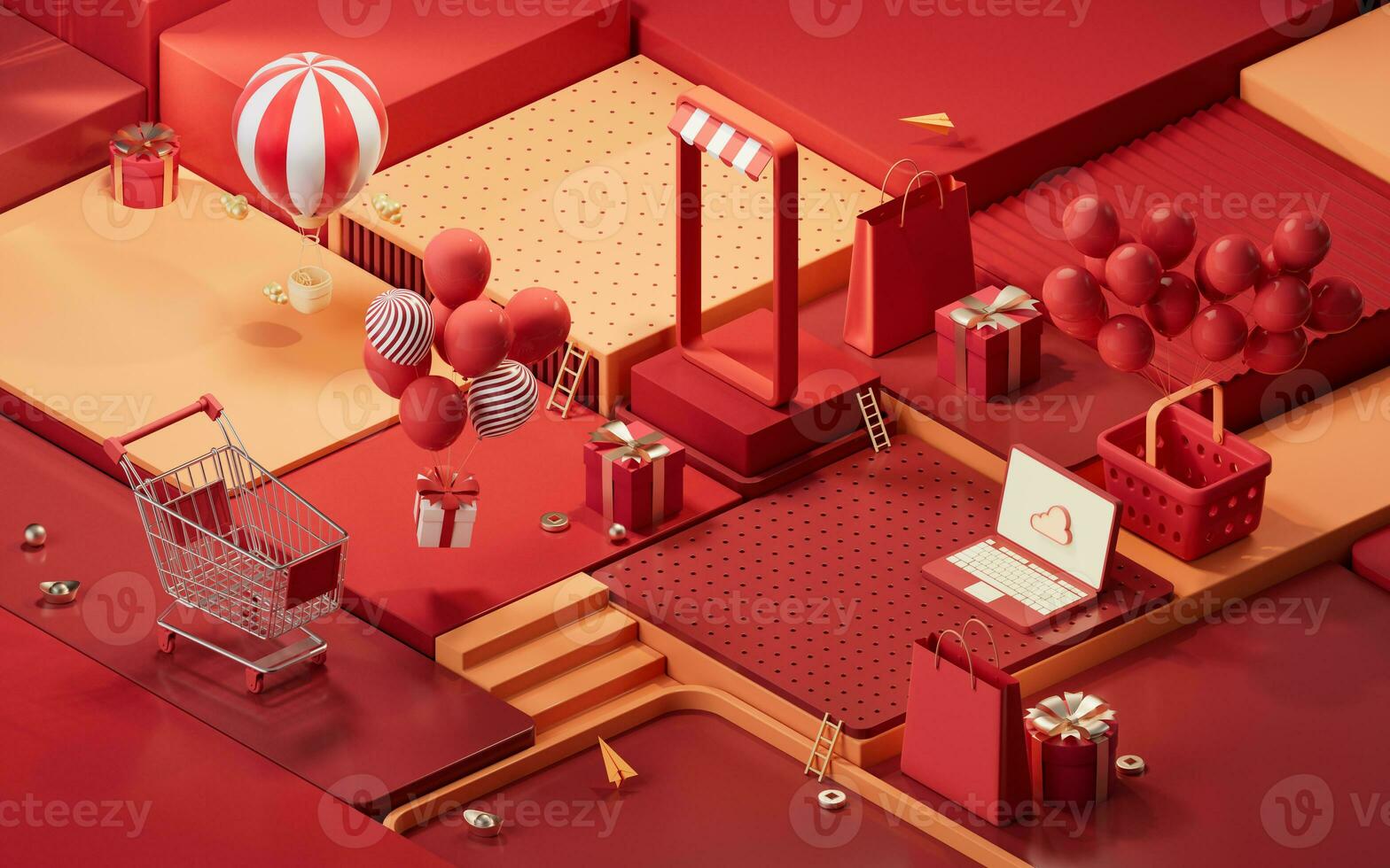 Shopping day activity with cube platform background, 3d rendering. photo
