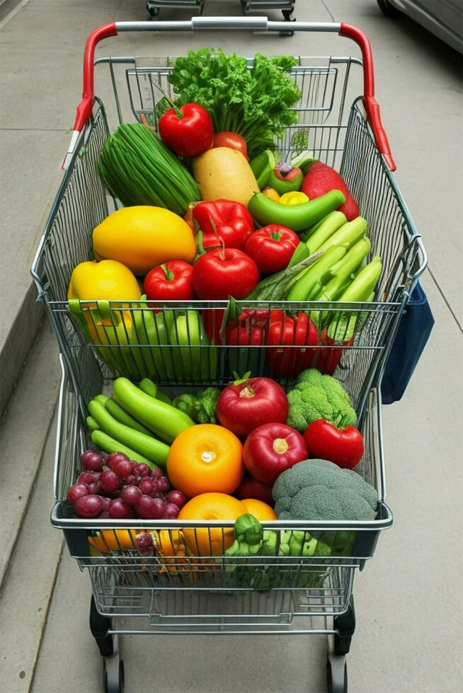 shopping basket of fresh fruits and vegetables photo