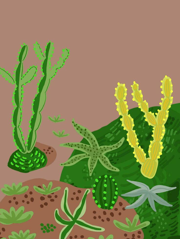 hermosa tarjeta postal con cactus composición. elegante mexicano paisaje, decorativo exótico plantas hogar jardín vector