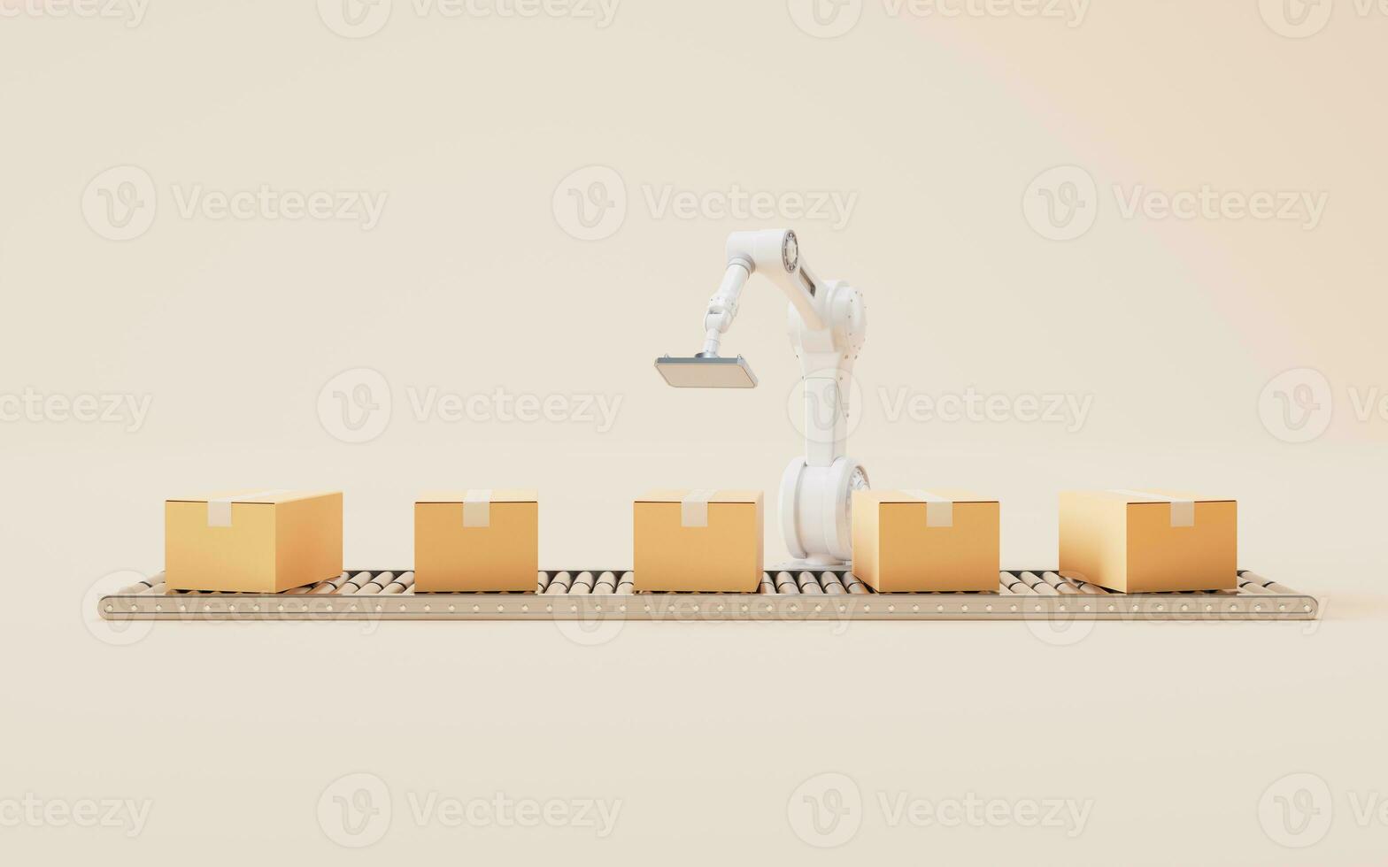 Mechanical arm and cardboard box, 3d rendering. photo