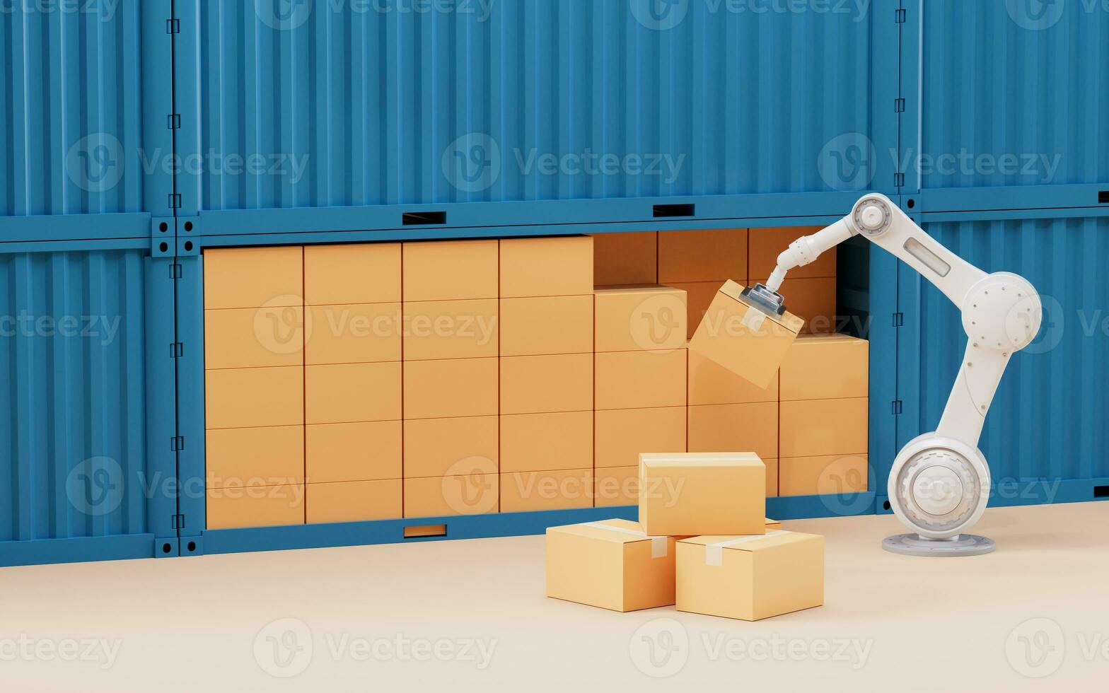 Mechanical arm and cardboard box, 3d rendering. photo
