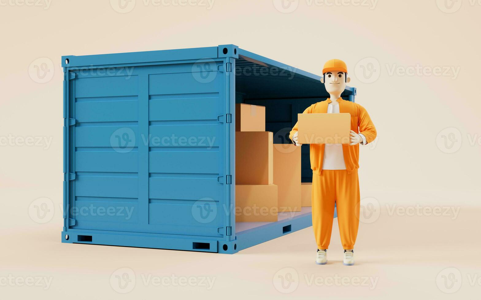 Cargo container and deliveryman, freight and export, 3d rendering. photo