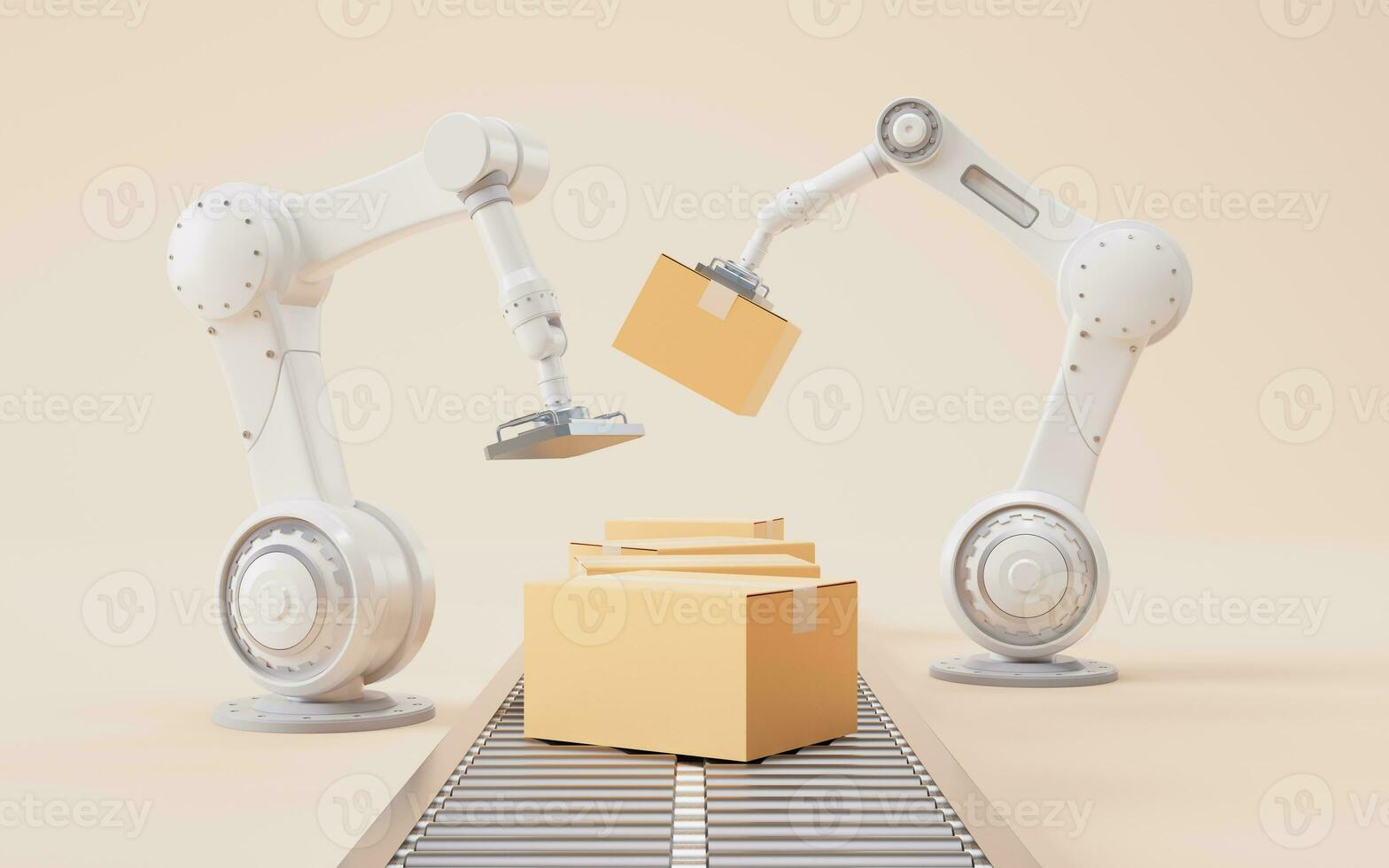 Mechanical arm and cardboard box, 3d rendering. photo