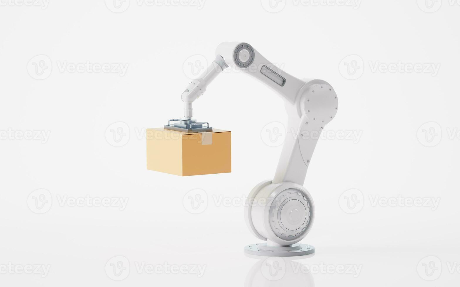 Mechanical arm and cardboard box, 3d rendering. photo