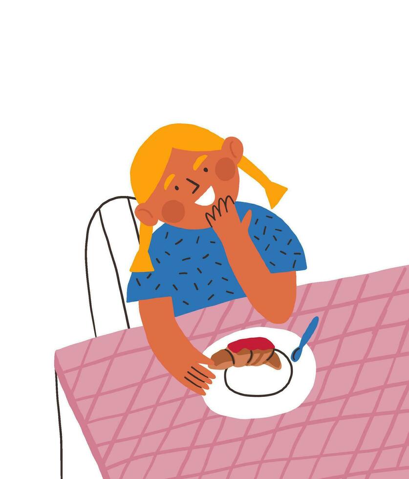 linda ilustración de el pequeño niña comiendo cuerno en el mesa con rosado Manteles. parian café escena. niños ilustración para imagen libro acerca de alimento. vector