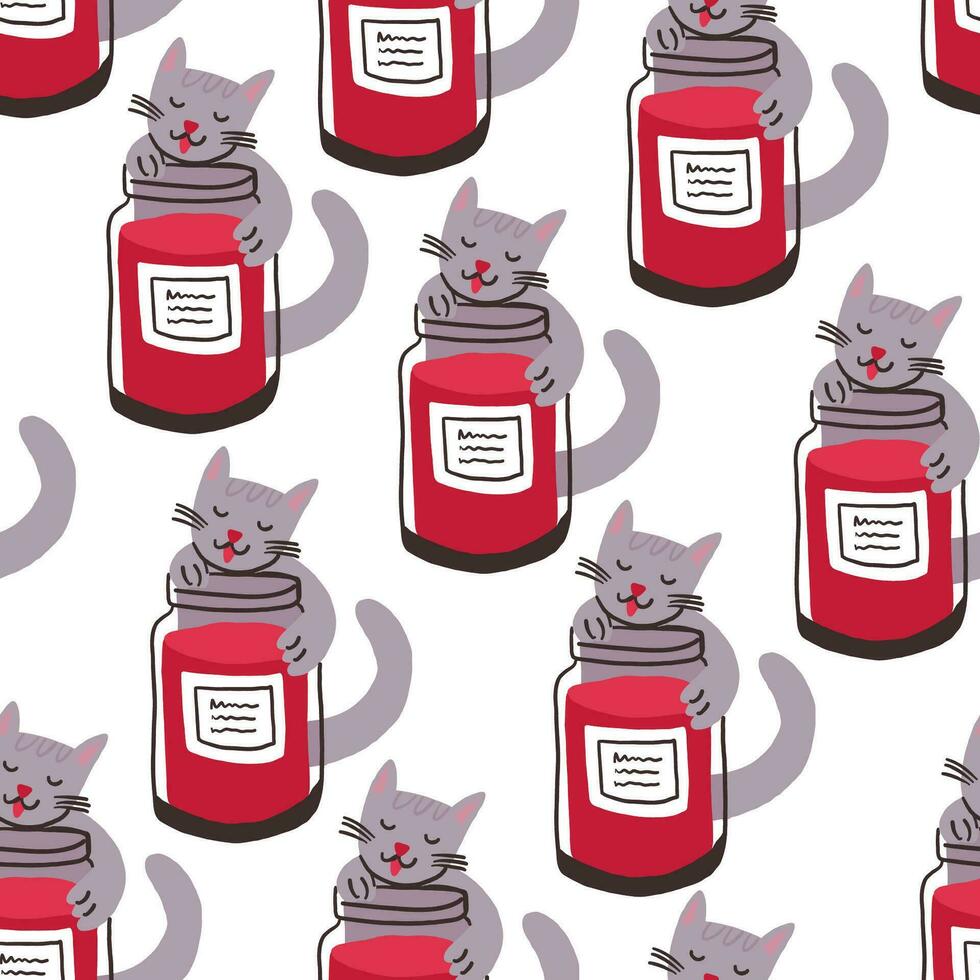 Cute pattern with the cat eating jam from the jar on white. Cute children pattern in hand drawn style vector