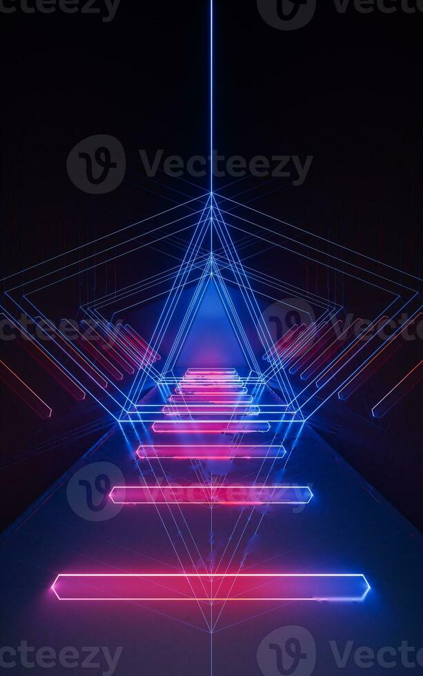 Dark tunnel with glowing neon lines, 3d rendering. photo