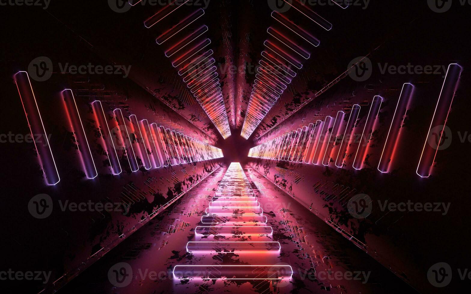 oscuro túnel con brillante neón líneas, 3d representación. foto