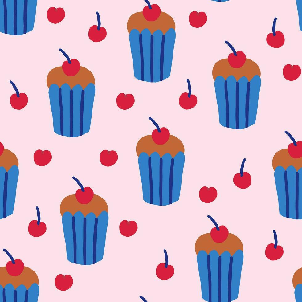 Cute seamless pattern with cupcakes with cherry on pink background. Desserts pattern design in hand drawn style vector