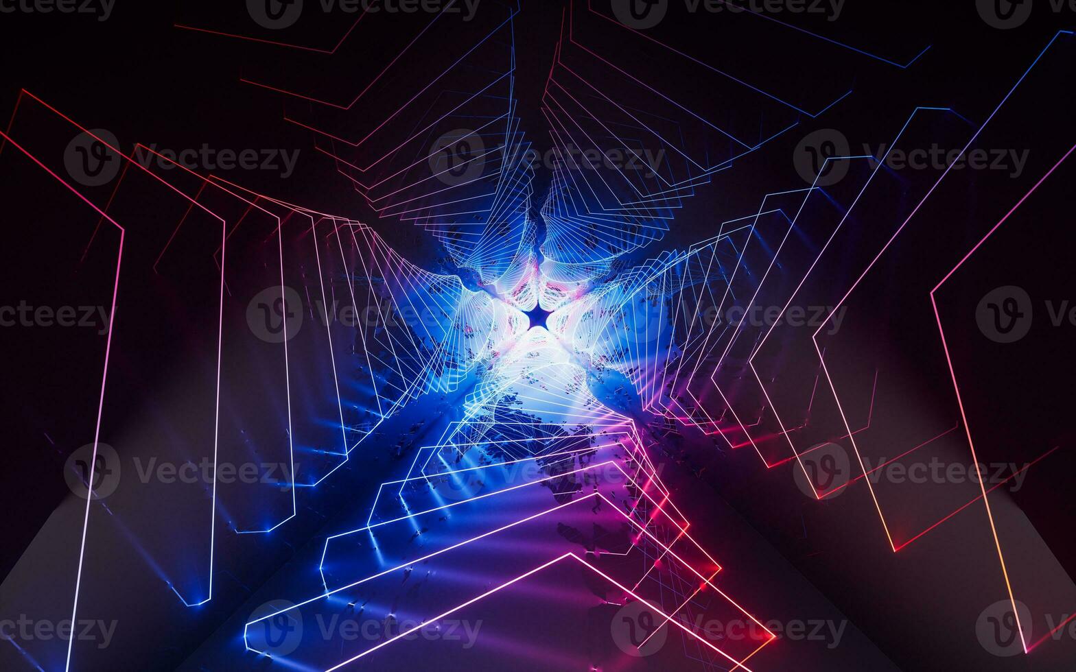 Dark tunnel with glowing neon lines, 3d rendering. photo