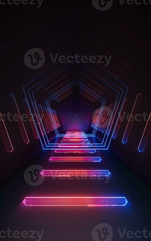 Dark tunnel with glowing neon lines, 3d rendering. photo