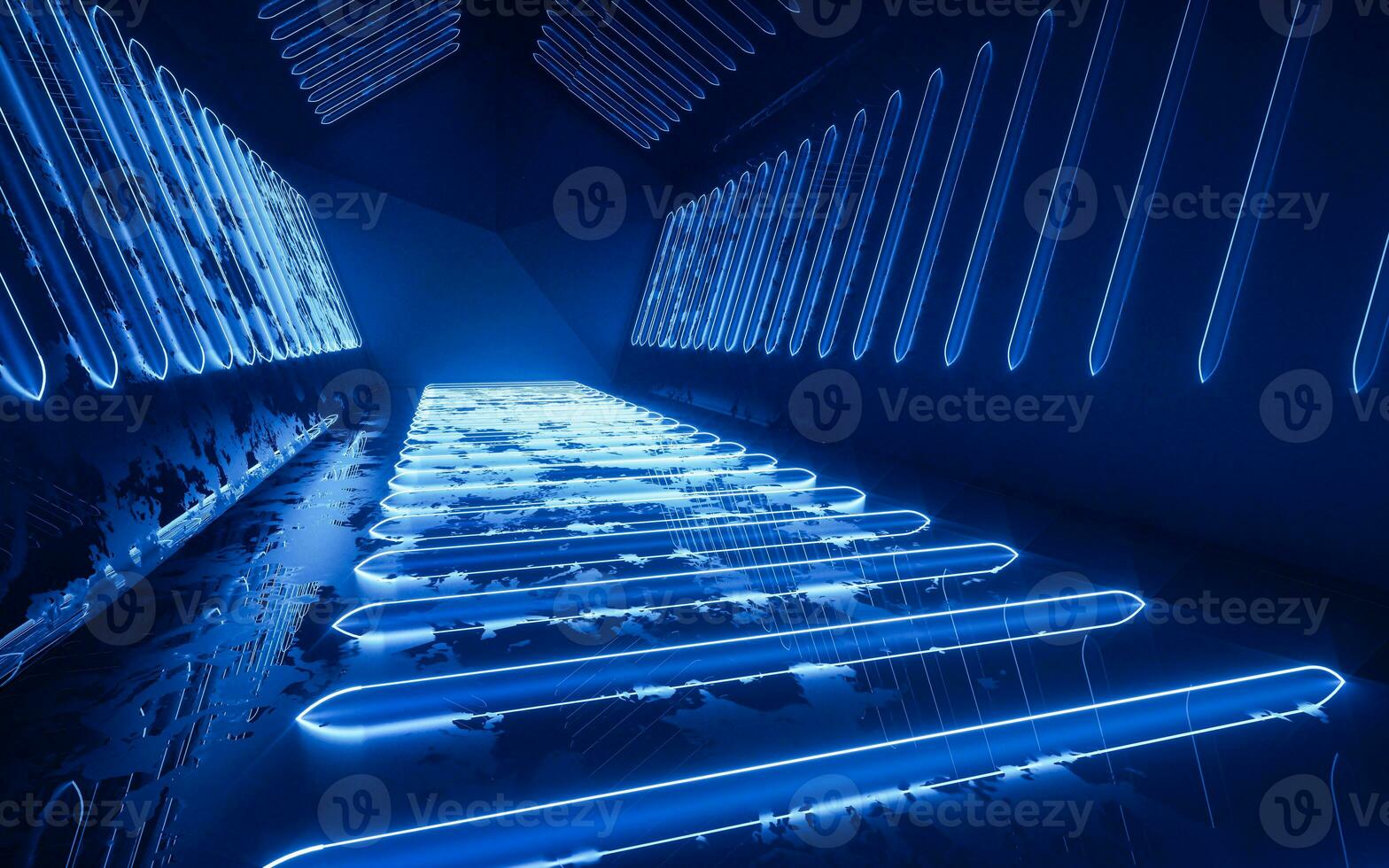 Dark tunnel with glowing neon lines, 3d rendering. photo