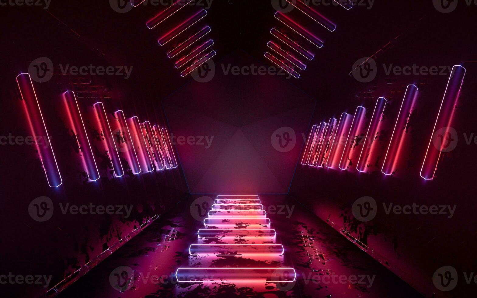 Dark tunnel with glowing neon lines, 3d rendering. photo