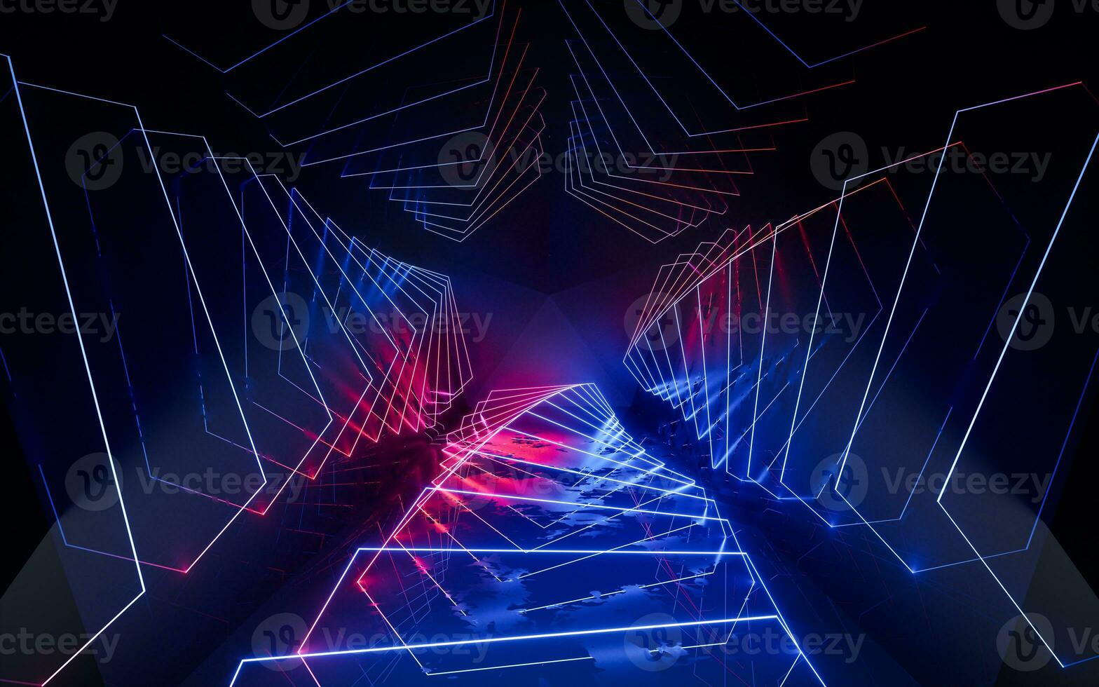 Dark tunnel with glowing neon lines, 3d rendering. photo