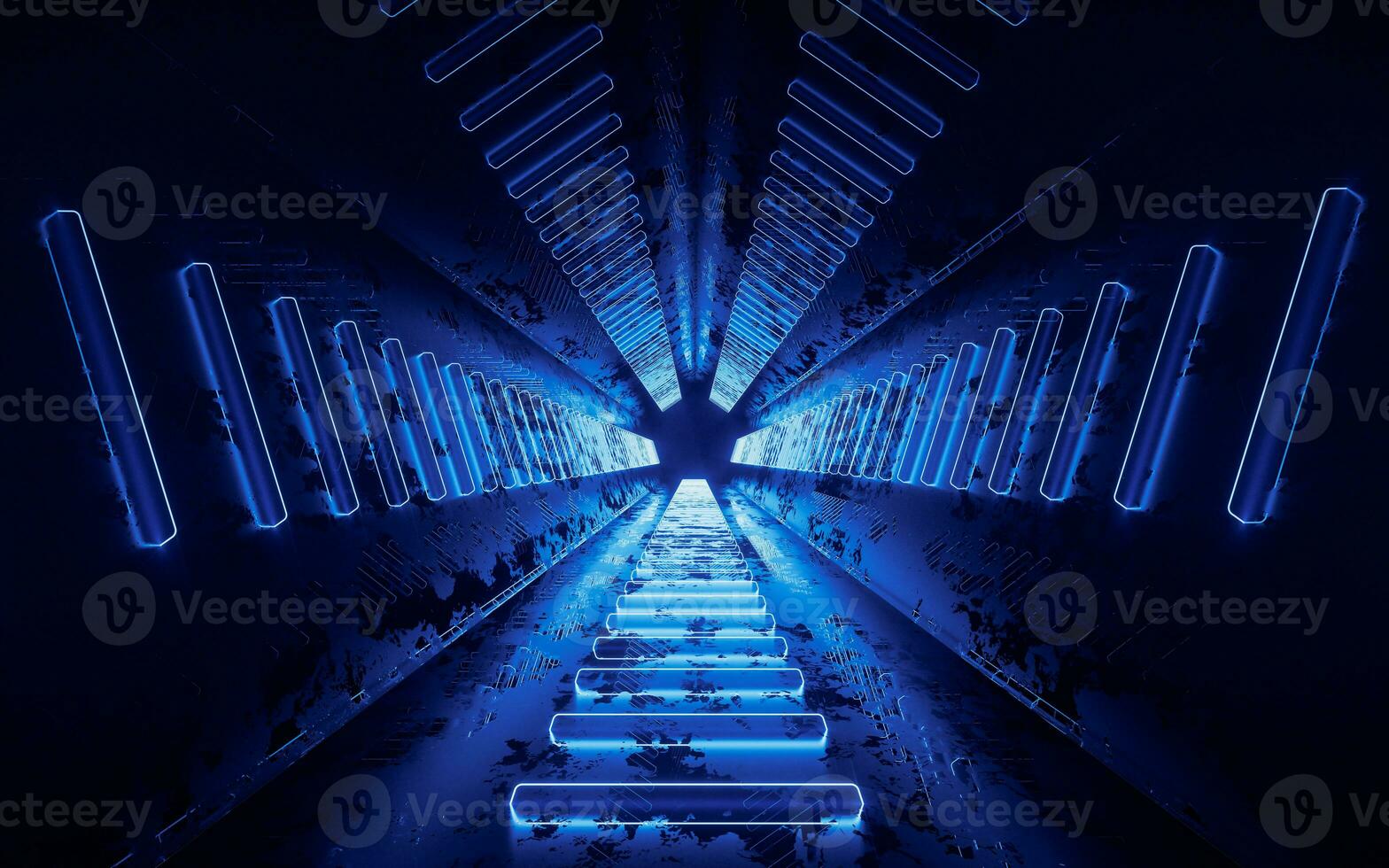 Dark tunnel with glowing neon lines, 3d rendering. photo