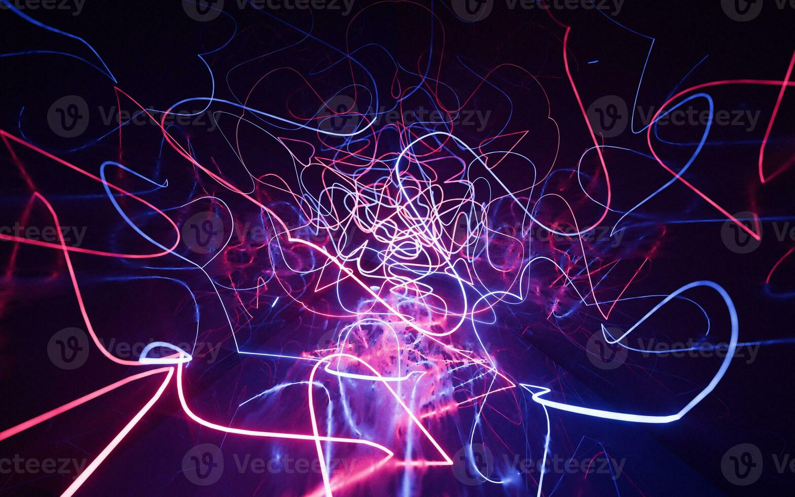 Dark tunnel with glowing neon lines, 3d rendering. photo