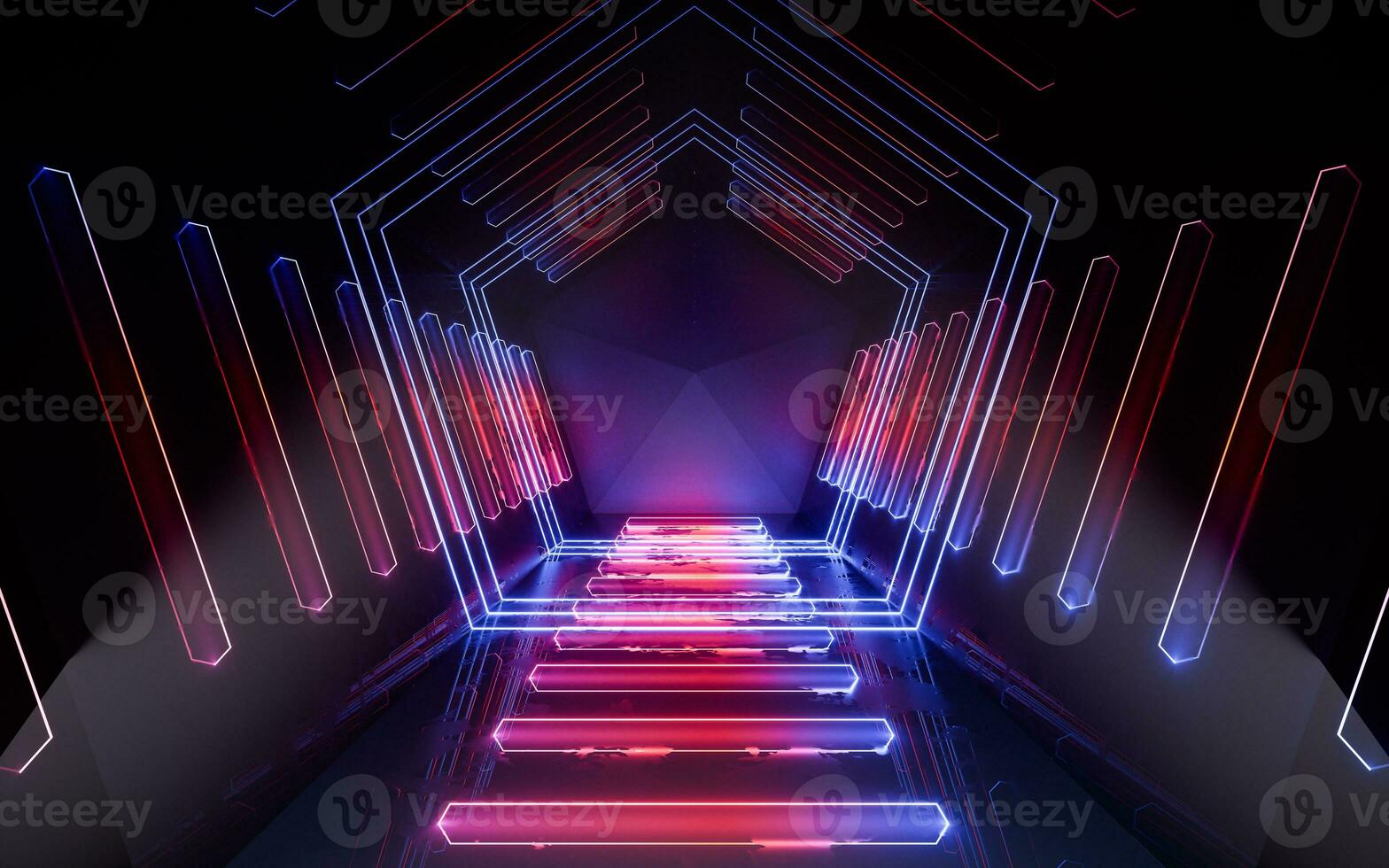 Dark tunnel with glowing neon lines, 3d rendering. photo