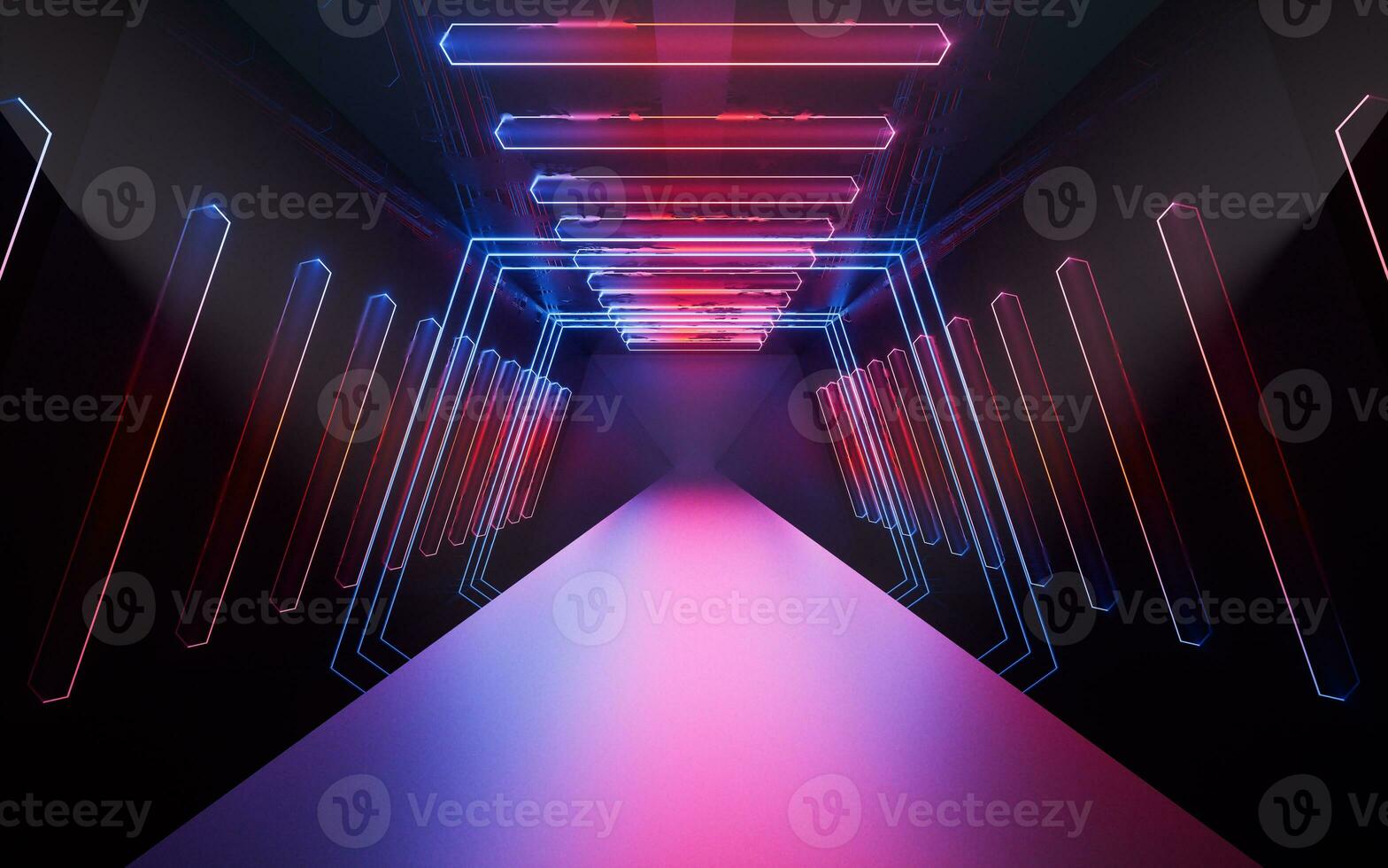 Dark tunnel with glowing neon lines, 3d rendering. photo