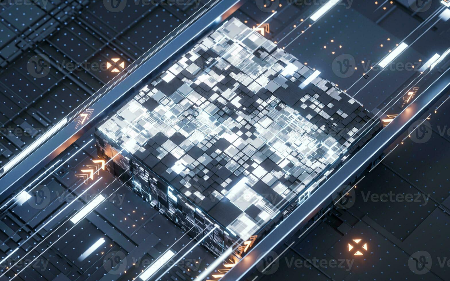 Circuit board and electrical chip core, 3d rendering. photo