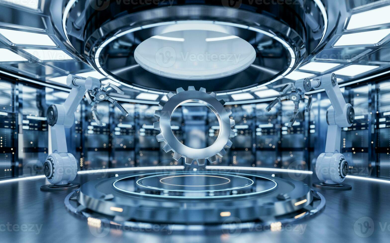 Mechanical arm and gears, intelligent manufacturing concept, 3d rendering. photo