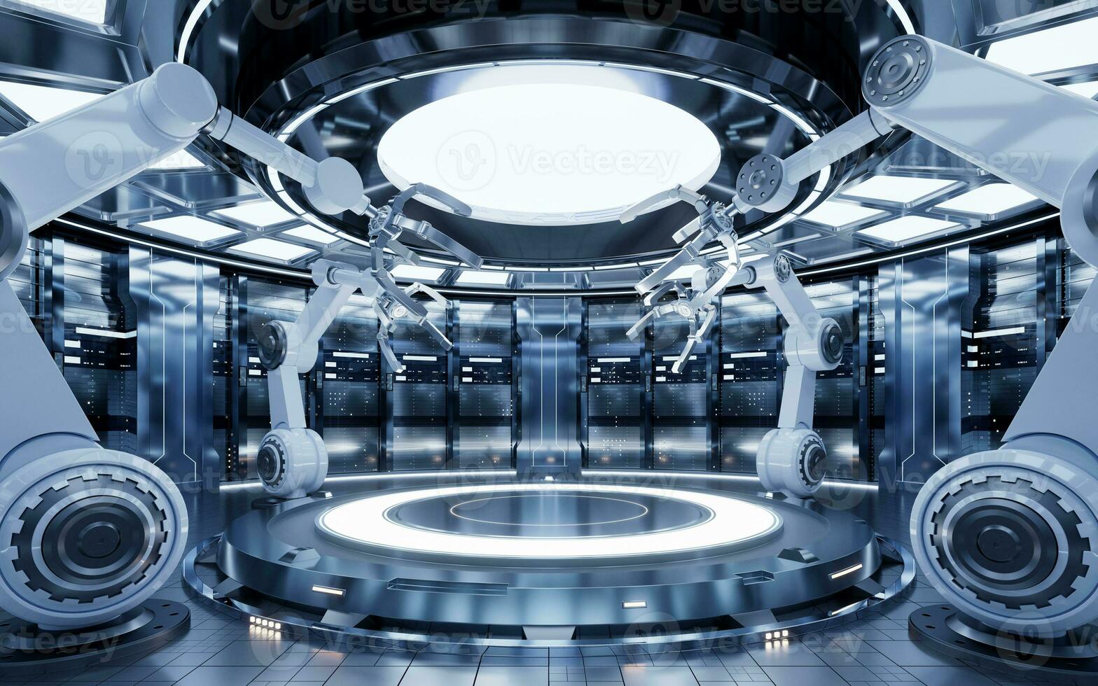 Mechanical arm and empty stage, 3d rendering. photo