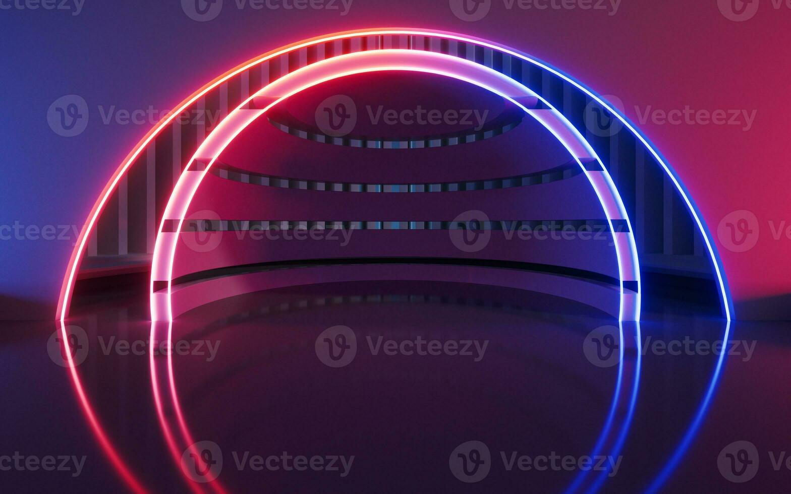Dark room with glowing neon lines, 3d rendering. photo