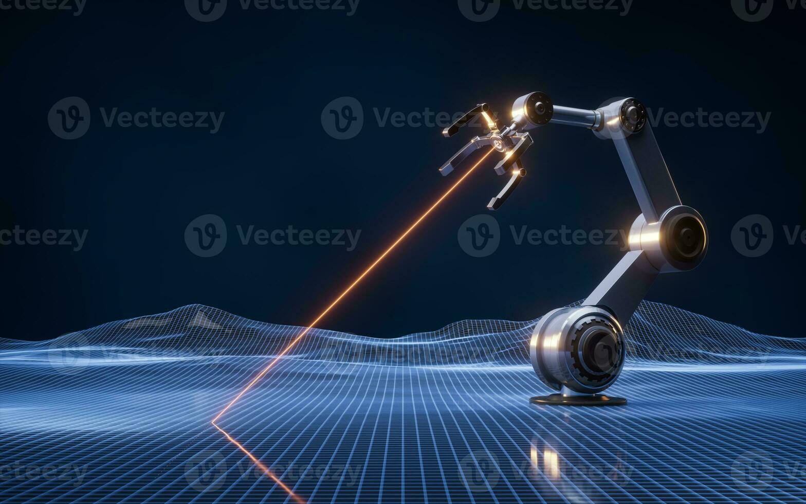 Mechanical arm and digital grid space, 3d rendering. photo