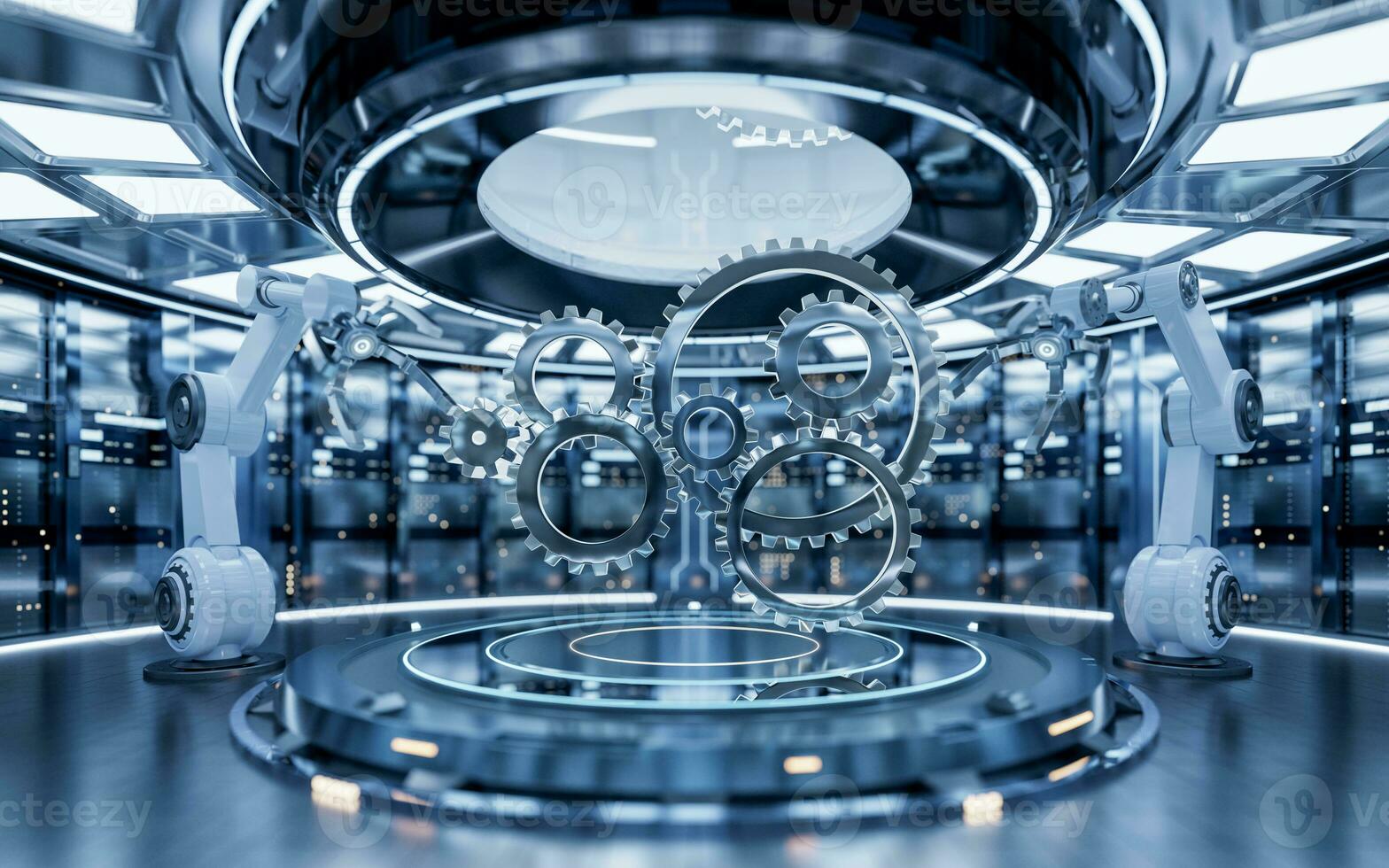 Mechanical arm and gears, intelligent manufacturing concept, 3d rendering. photo