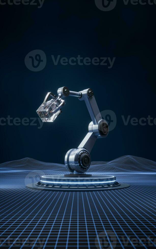 Mechanical arm and digital grid space, 3d rendering. photo