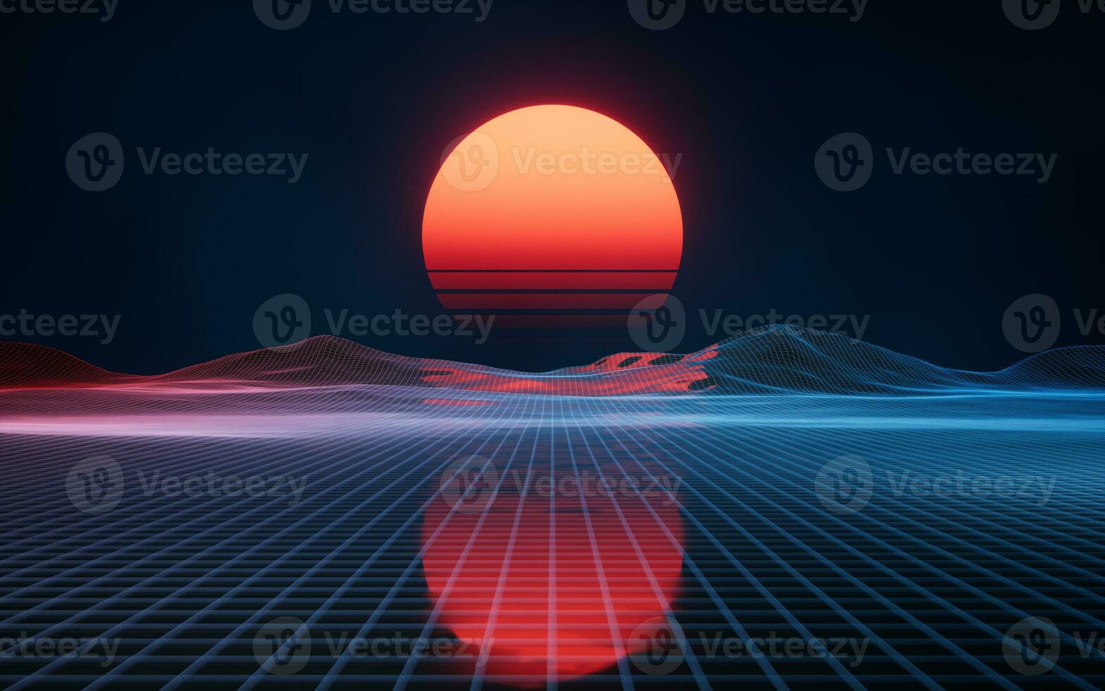 Digital space and sunset with retro style, 3d rendering. photo