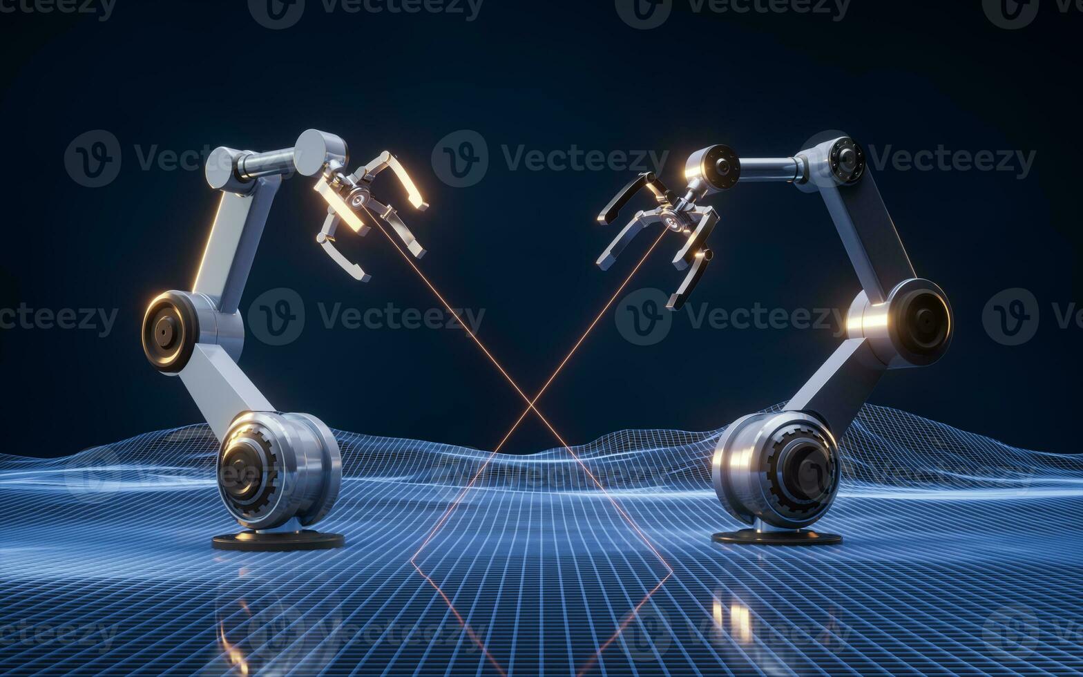 Mechanical arm and digital grid space, 3d rendering. photo