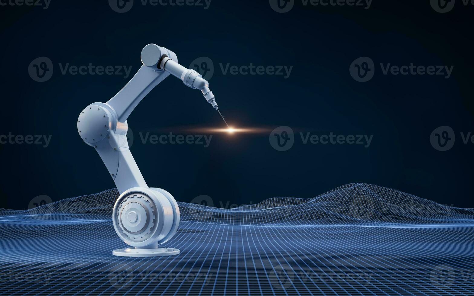 Mechanical arm and digital grid space, 3d rendering. photo