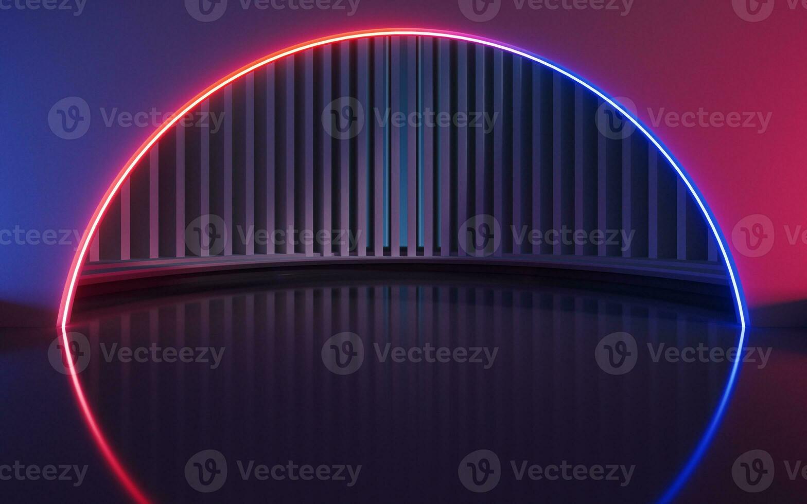 Dark room with glowing neon lines, 3d rendering. photo