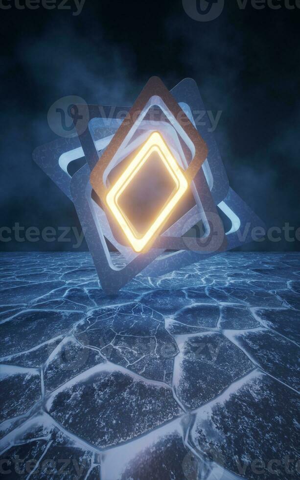 Geometrical frame with ice ground surface, 3d rendering. photo