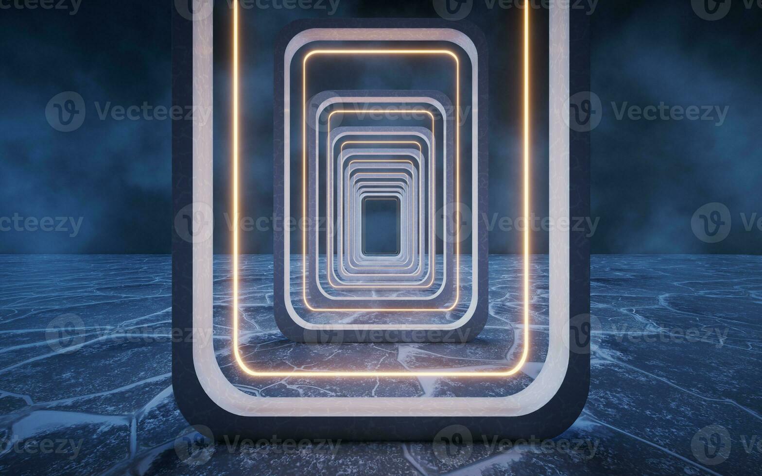 Geometrical frame with ice ground surface, 3d rendering. photo