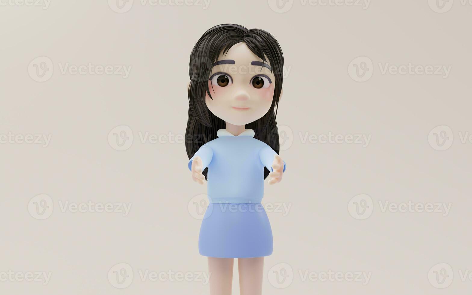 Little girl stretch her hands with cartoon style, 3d rendering. photo