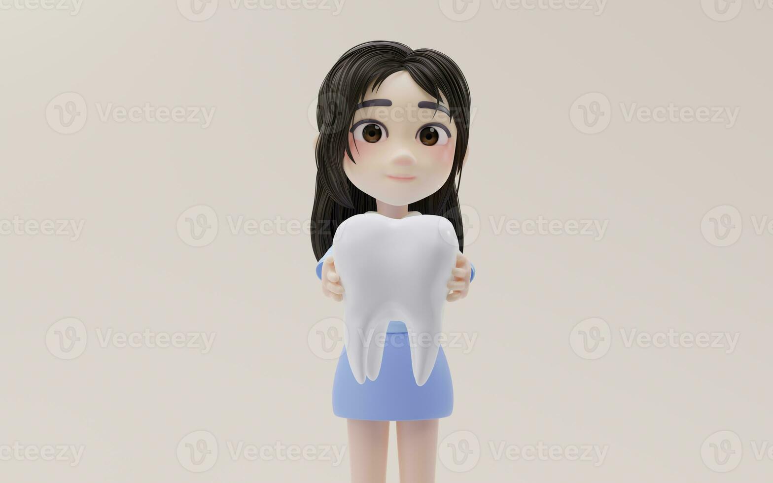 Little girl showing the tooth model with cartoon style, 3d rendering. photo