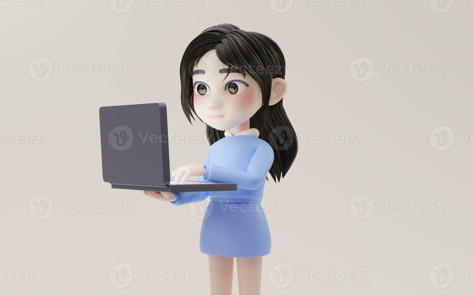 Little girl working with laptop with cartoon style, 3d rendering. photo