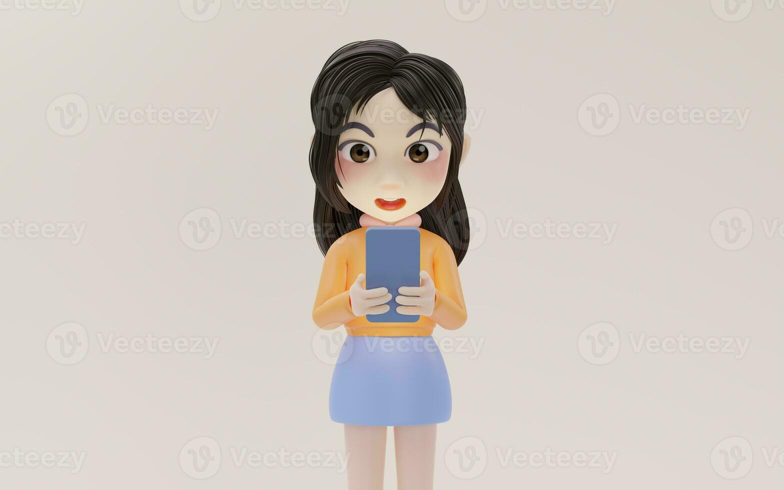 Little girl using mobile phone with cartoon style, 3d rendering. photo