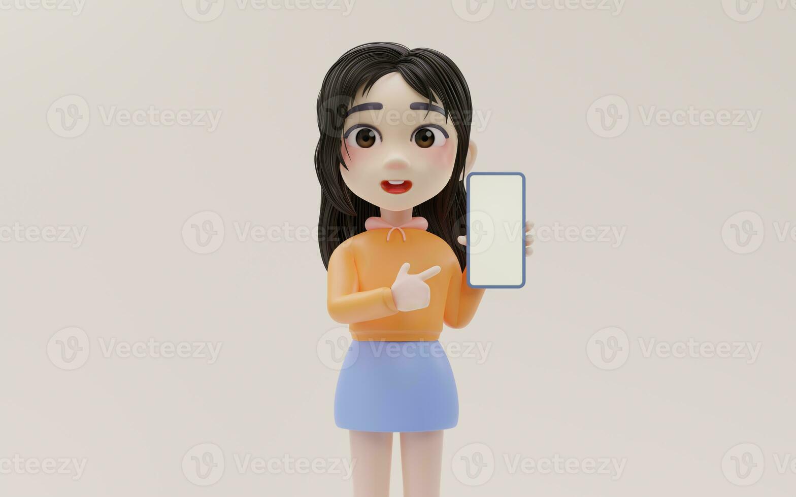 pequeño niña señalando a el móvil teléfono con dibujos animados estilo, 3d representación. foto