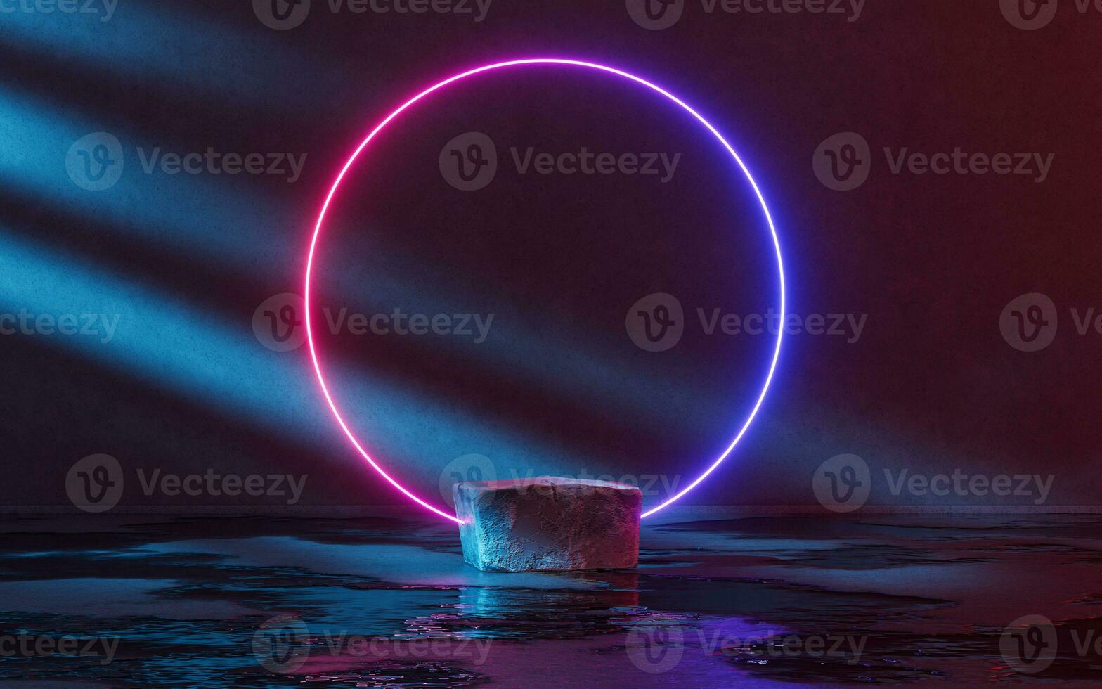 Glowing neon lines and rough rock, 3d rendering. photo