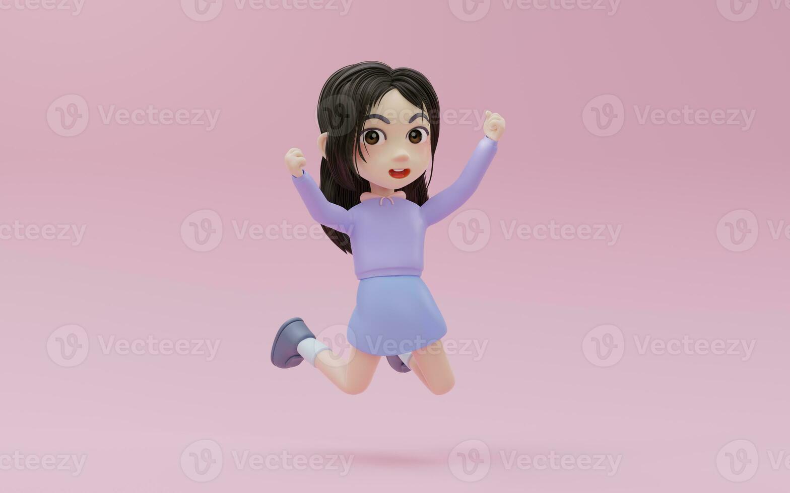 Little girl jumping excitedly with cartoon style, 3d rendering. photo