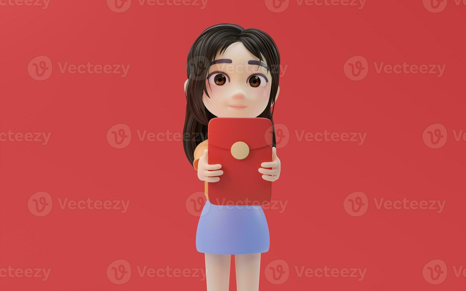 Little girl holding red package with cartoon style, 3d rendering. photo