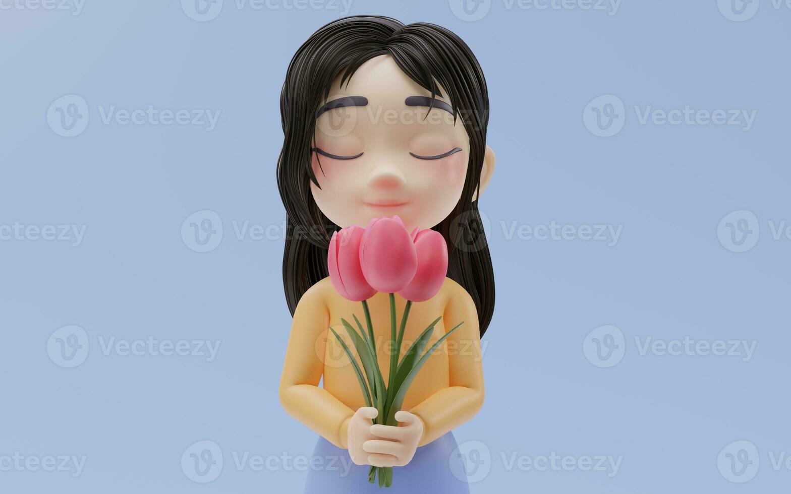 Little girl holding flower in her hand with cartoon style, 3d rendering. photo