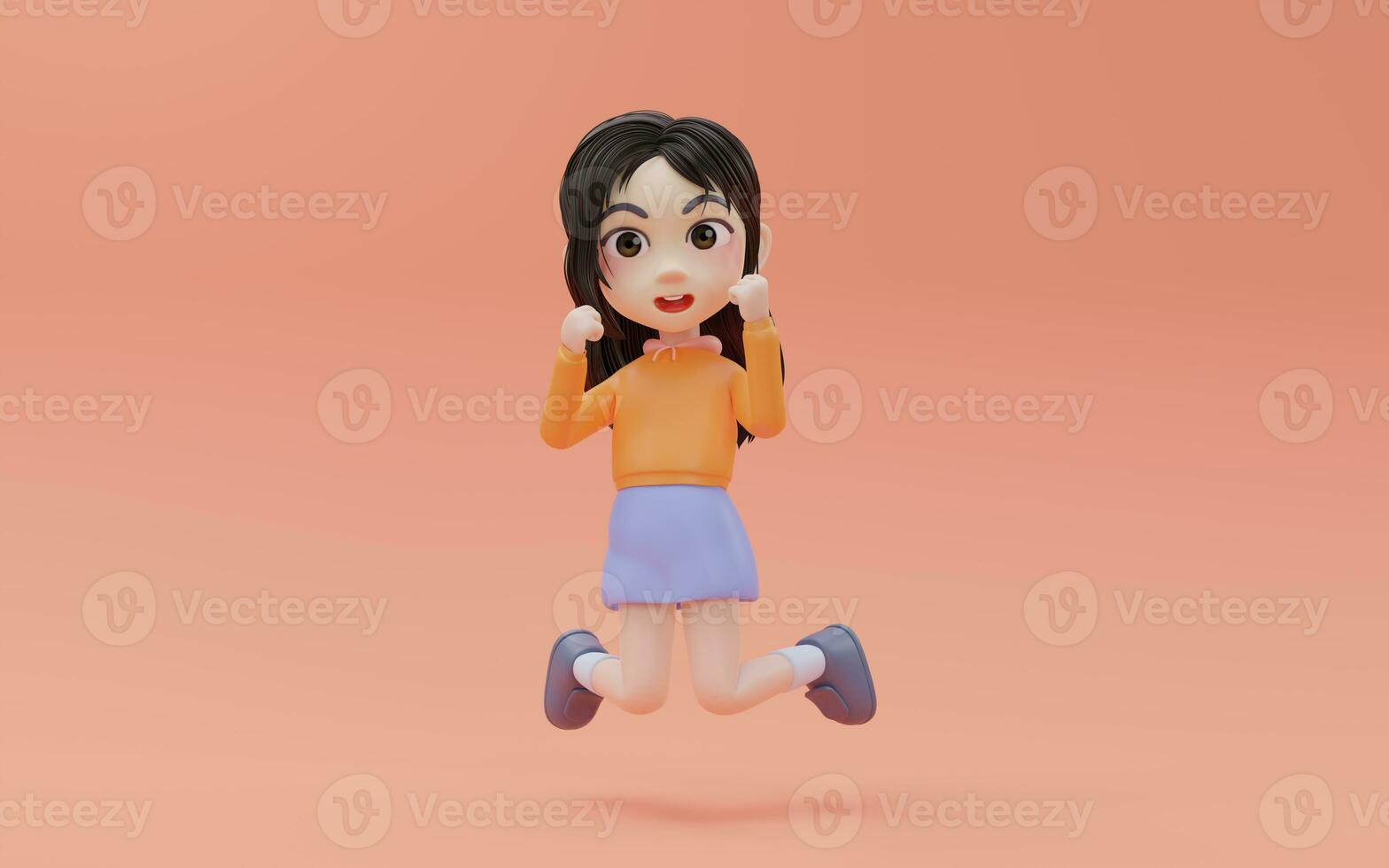 Little girl jumping excitedly with cartoon style, 3d rendering. photo