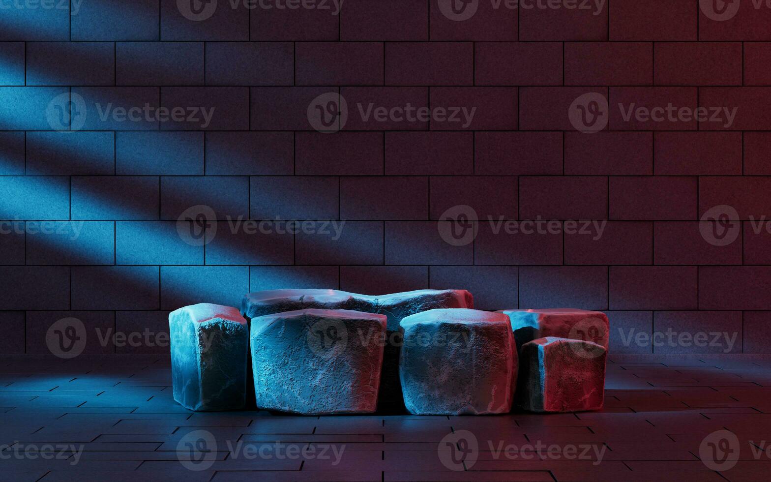 Rough stones with dark neon lighting interior scene, 3d rendering. photo