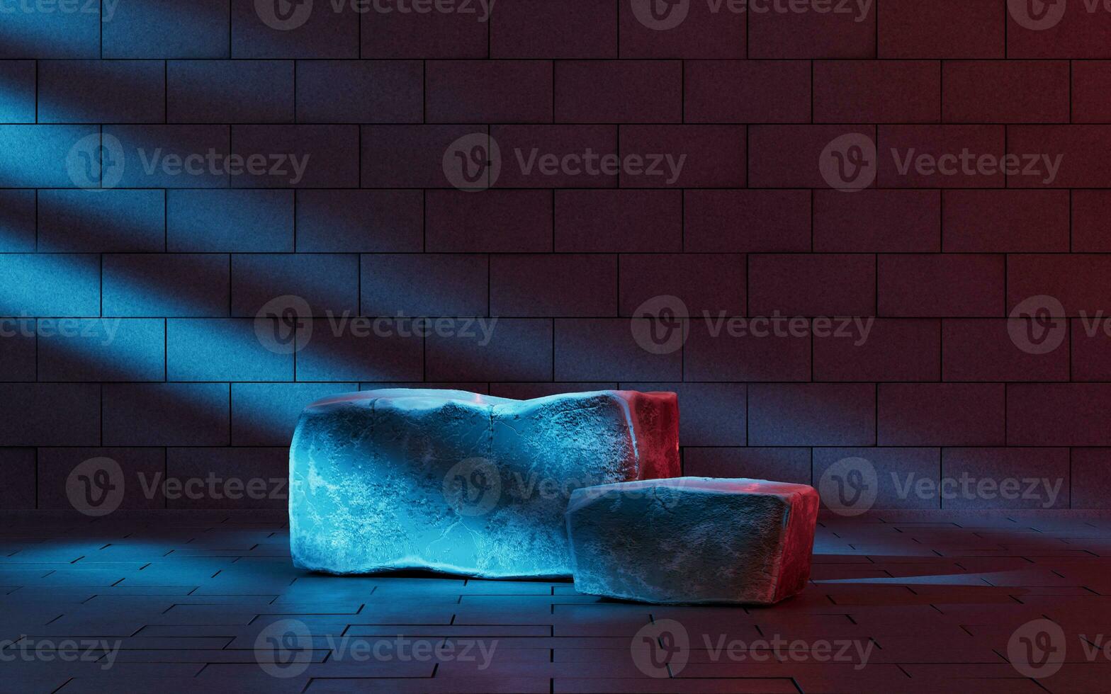 Rough stones with dark neon lighting interior scene, 3d rendering. photo